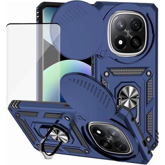 for Xiaomi Redmi Note 14 Pro Plus 5G Case with Tempered Glass Screen Protector and Slide Camera Cover, Magnetic Ring Car Mount Holder Protective Cover for Xiaomi Redmi Note 14 Pro+ 5G Blue