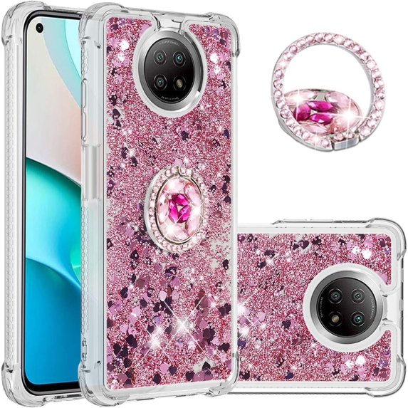 for Xiaomi Redmi Note 9 5G Case, Creativity Clear Quicksand Glitter Flowing Liquid Floating Soft TPU Case w/Stand Bling Diamond Sparkle Phone Cover for Xiaomi Redmi Note 9 5G Rose Gold