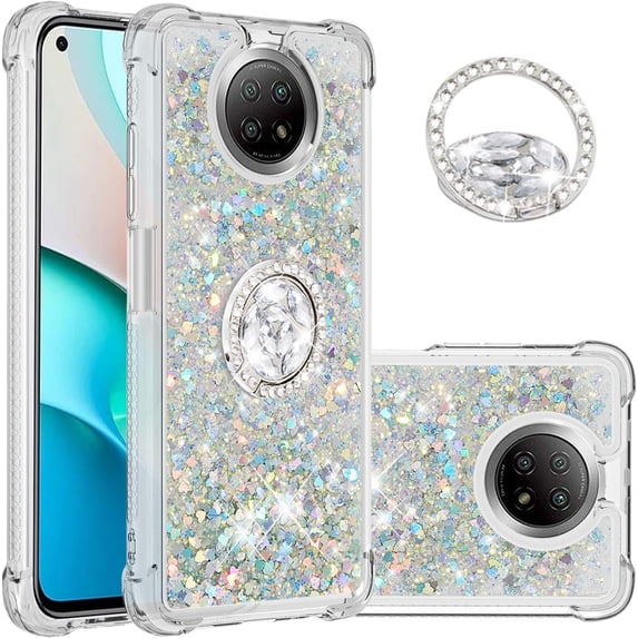 for Xiaomi Redmi Note 9 5G Case, Creativity Clear Quicksand Glitter Flowing Liquid Floating Soft TPU Case w/Stand Bling Diamond Sparkle Phone Cover for Xiaomi Redmi Note 9 5G Silver