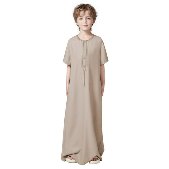 Xiaowennn Arabic Thobe Thobe Short Sleeve Embroidery Kaftan Crew Collar Robe With Button Up For Boys Girls 5 11