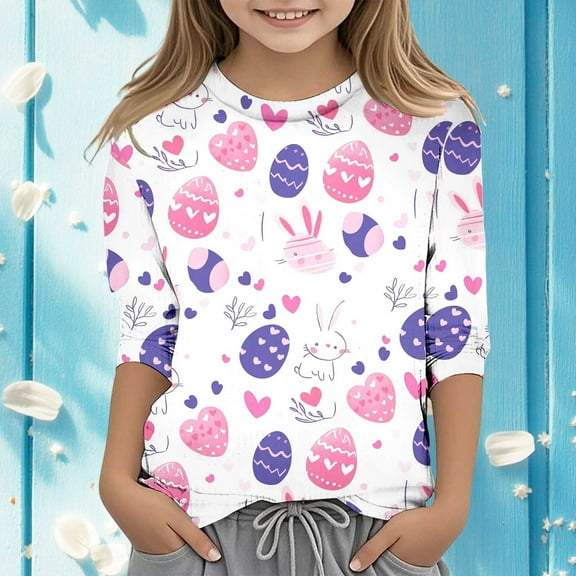 Xiaowennn Easter Children's Seve Quarter Sleeve Printed T Shirt Top Comfortable Casual Shirt Floral Tops Girls