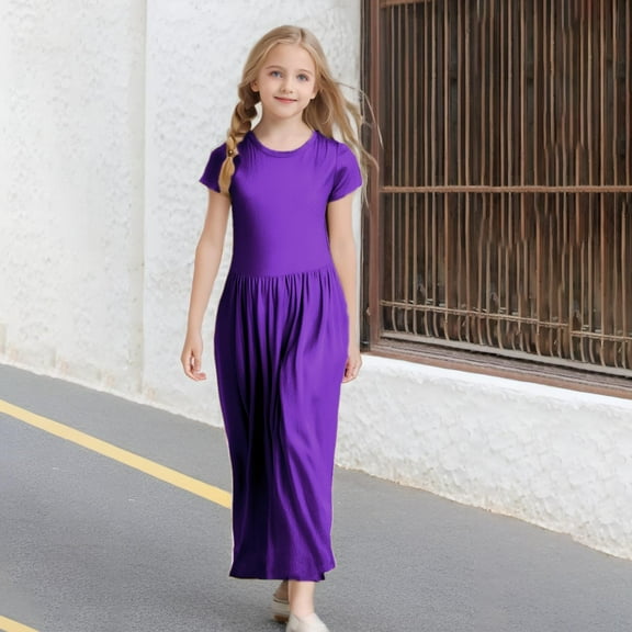 Xiaowennn Girl's Short Sleeve Solid Color Loose Casual Long Maxi Dress With Pockets Frocks