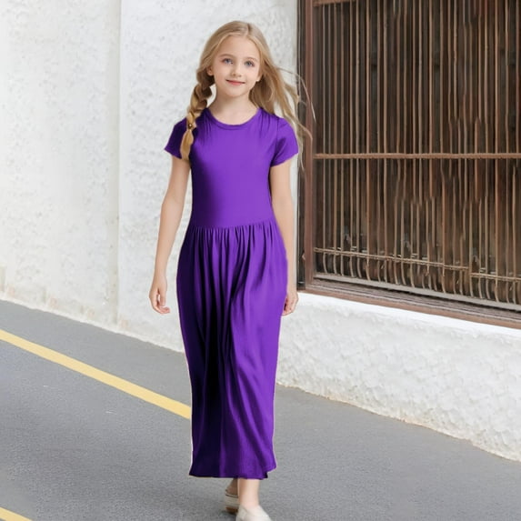 Xiaowennn Girl's Short Sleeve Solid Color Loose Casual Long Maxi Dress With Pockets Frocks