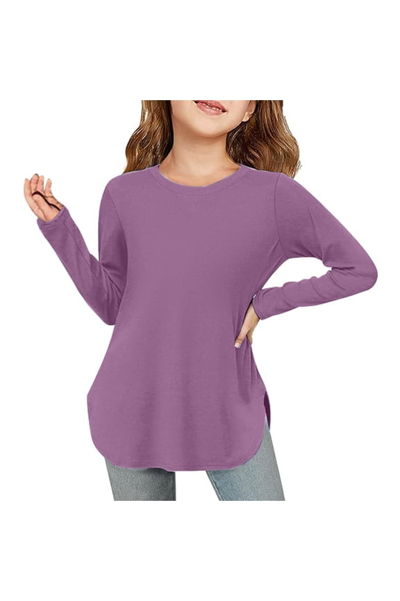 Xiaowennn Girls Long Sleeve Shirts Kids Arc Hem Side Slit Soft Tunic Tops T Shirts Toddler Girl Undershirt