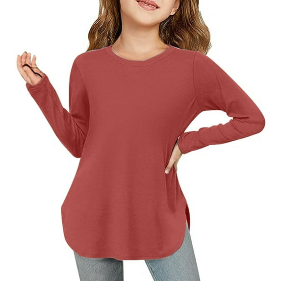 Xiaowennn Girls Long Sleeve Shirts Kids Arc Hem Side Slit Soft Tunic Tops T Shirts Tops for Toddler Girls