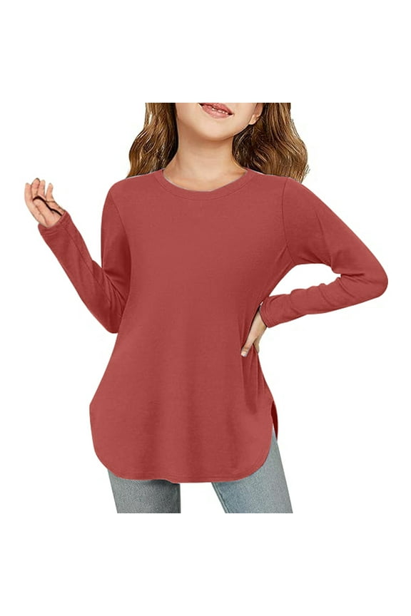 Xiaowennn Girls Long Sleeve Shirts Kids Arc Hem Side Slit Soft Tunic Tops T Shirts Tops for Toddler Girls