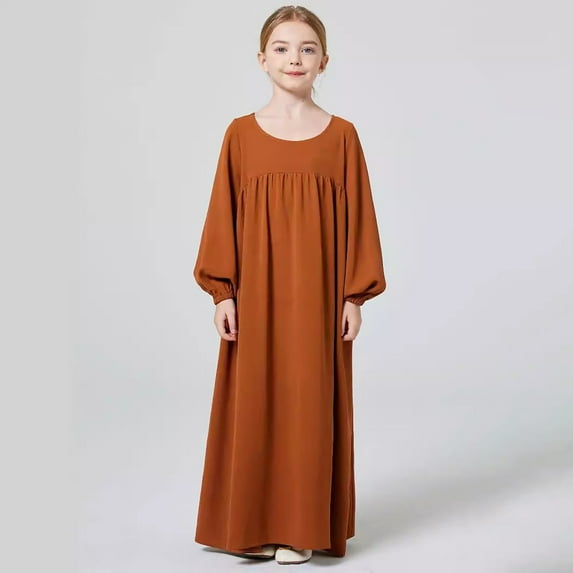 Xiaowennn Kids Girls Adorable Abaya Dresses Long Sleeve Slim Fit Casual Prayer Robe Dress Girls Walk Thru Dress