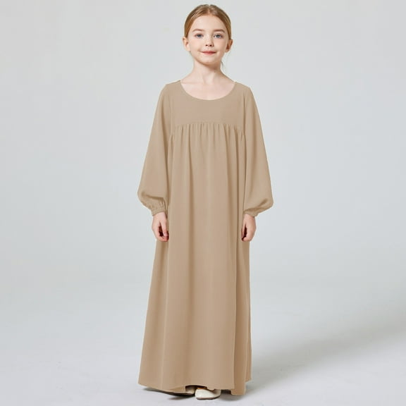 Xiaowennn Kids Girls Adorable Abaya Dresses Long Sleeve Slim Fit Casual Prayer Robe Dress Girls Walk Thru Dress