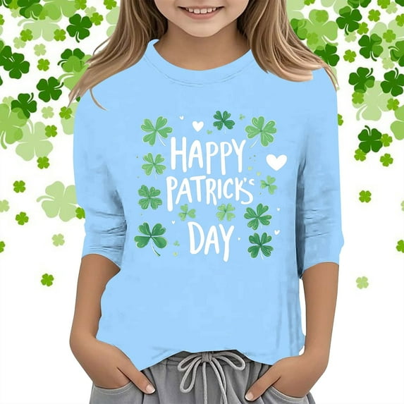 Xiaowennn Kids St. Paddy's Day Printed 3/4 Quarter Sleeve T Shirt Tops Peplum Casual Birthday Shirt 2 Girl