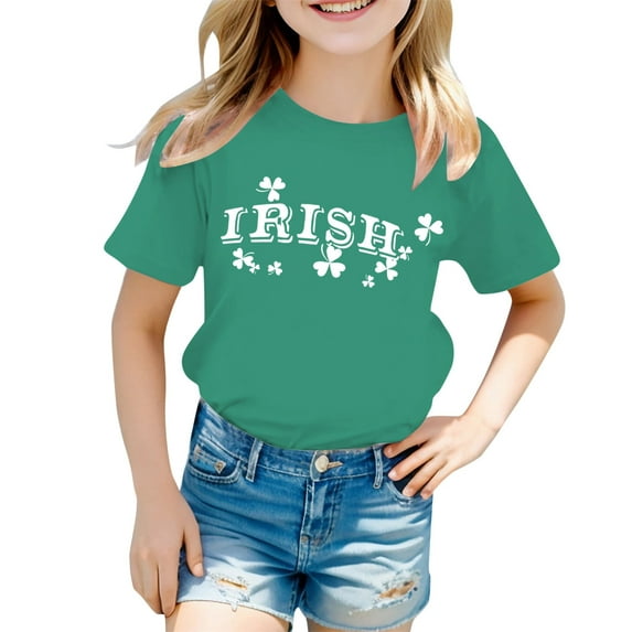 Xiaowennn St. Pat Print Round Neck Short Sleeve For Girls Girls Raglan Shirts