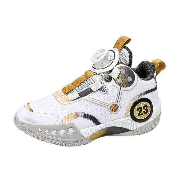 Xiaoxatg 2024 Youth Mesh Basketball Sports Shoes for Boys with Rotating Button Technology Durable Lightweight Athletic Footwear 10-10.5 Years Gold