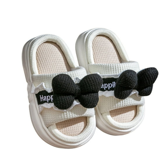 Xiaoxatg Boy Girl Slippers Girls Breathable Linen Slippers with Adorable Cartoon Bow Design Soft Sole Indoor Home Footwear for Toddlers and Kids Comfort 7-8 Years White