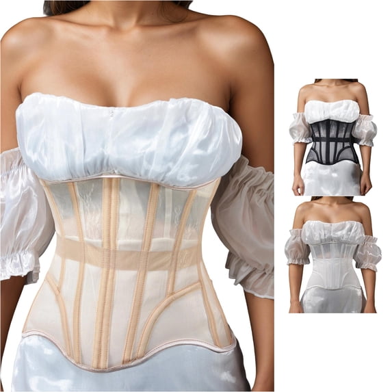 Xiaoxatg Bustiers for Women Breathable Mesh Waist Trainer Half Corset with Rear Strap for Shaping and Support with Comfort Beige XXL