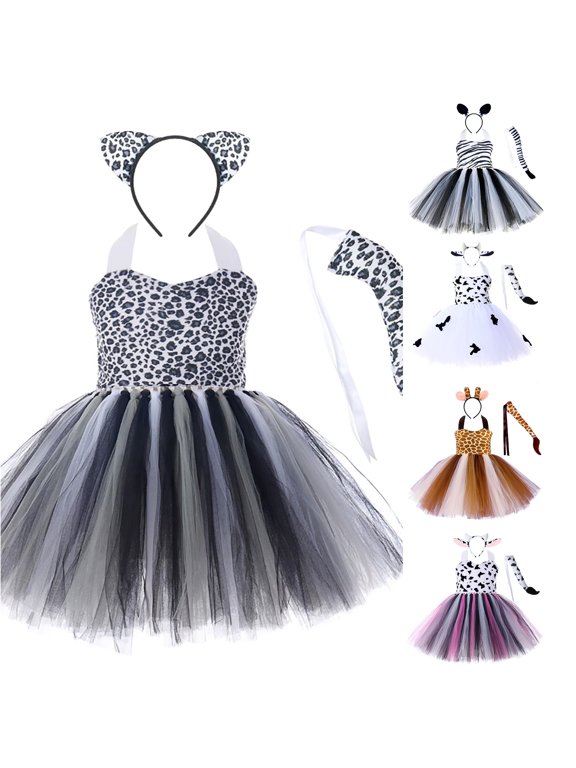 Girl Christmas Dress Tiger Leopard Cow Animal Cosplay Party Tutu for Kids Performance Black 3-4 Years