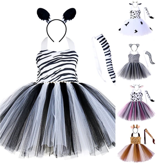 Xiaoxatg Girl Christmas Dress Tiger Leopard Cow Animal Cosplay Party Tutu for Kids Performance Grey 5-6 Years