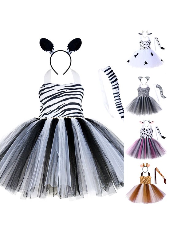 Girl Christmas Dress Tiger Leopard Cow Animal Cosplay Party Tutu for Kids Performance Grey 5-6 Years