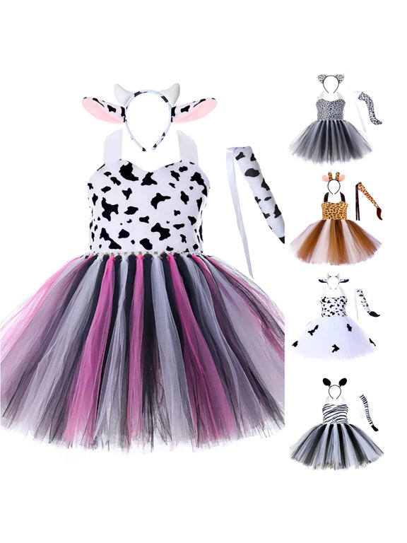 Girl Christmas Dress Tiger Leopard Cow Animal Cosplay Party Tutu for Kids Performance Pink 1-2 Years