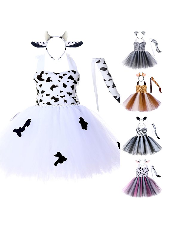 Girl Christmas Dress Tiger Leopard Cow Animal Cosplay Party Tutu for Kids Performance White 5-6 Years