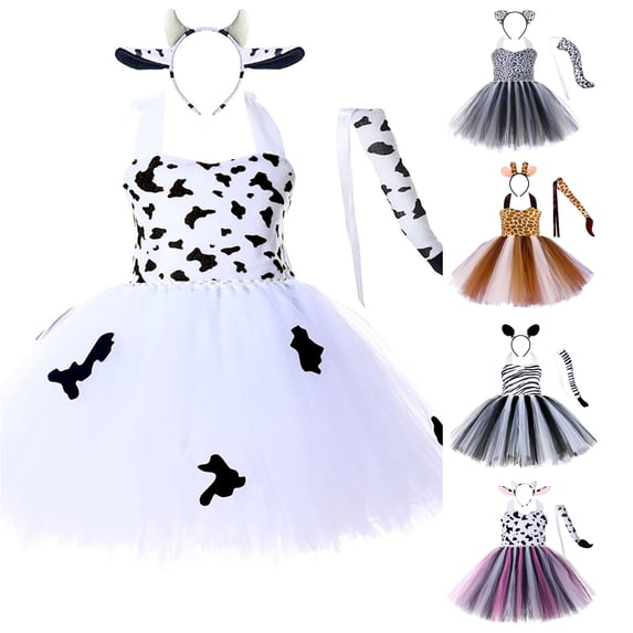 Xiaoxatg Girl Christmas Dress Tiger Leopard Cow Animal Cosplay Party Tutu for Kids Performance White 7-8 Years