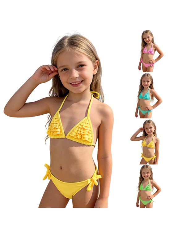 Girls' 2 Piece Floral Print Knot Front Ruched Triangle Bikini Swimsuit 13-14 Years Pink