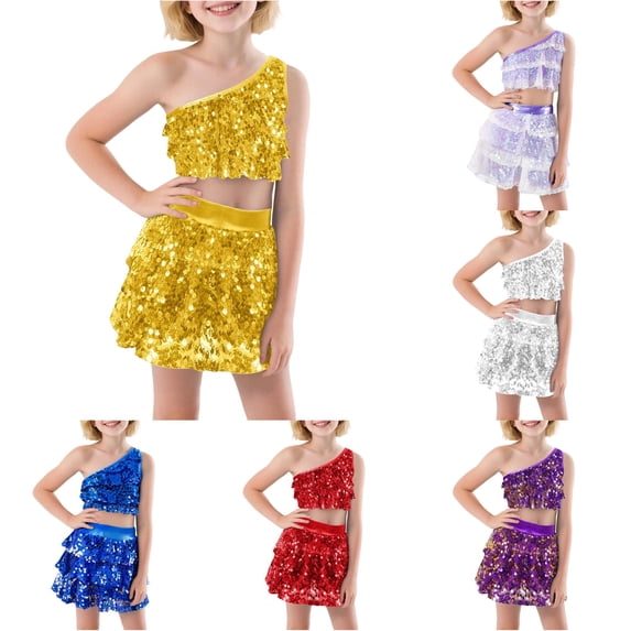 Xiaoxatg Girls Sequin Dance Outfit Two Piece Stretchy Performance Skirt and Top Set Gold 6-7 Years