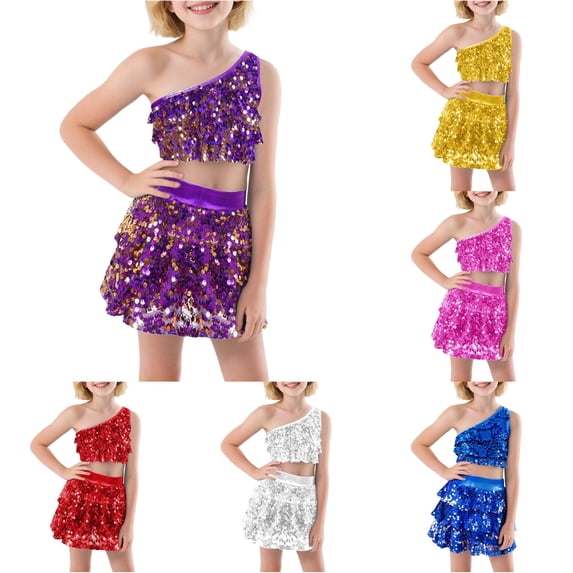 Xiaoxatg Girls Sequin Dance Outfit Two Piece Stretchy Performance Skirt and Top Set Purple 8-9 Years