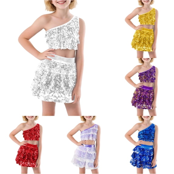 Xiaoxatg Girls Sequin Dance Outfit Two Piece Stretchy Performance Skirt and Top Set White 3-4 Years
