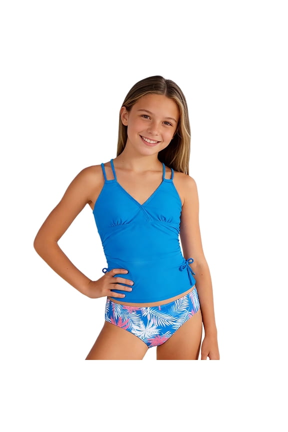 Girls Swimwear Bikini Set for Girls with Removable Padding Adjustable Straps Tropical Floral Print Two Piece Bathing Suit for Spring Summer 15-16 Years Blue