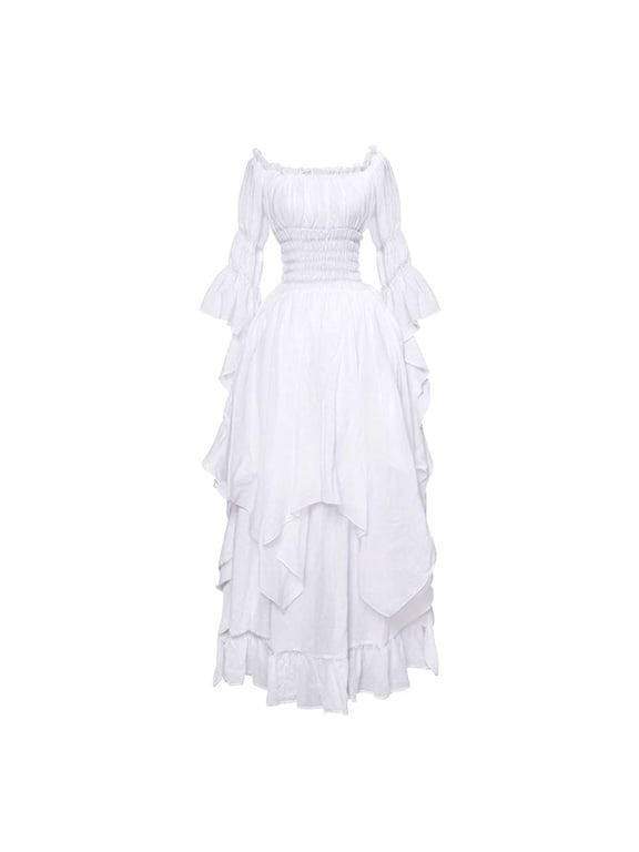 Halloween for Women Vintage Flared Sleeve Gothic Dress Cosplay Ball Performance Gown White M