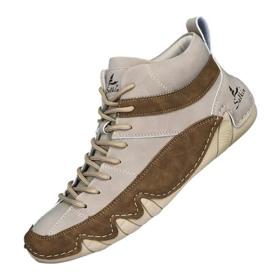Xiaoxatg Men's Casual Leather Boots High Top Handmade Stitching Comfortable On Flat Heel Footwear Ideal for Daily Wear with Jeans During Autumn and Winter 7.5 Khaki