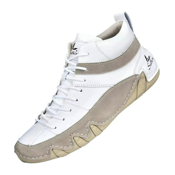 Xiaoxatg Men's Casual Leather Boots High Top Handmade Stitching Comfortable On Flat Heel Footwear Ideal for Daily Wear with Jeans During Autumn and Winter 8.5 White