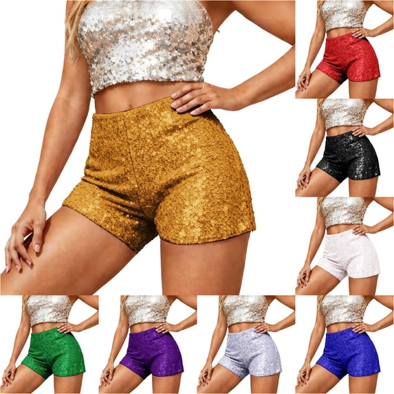 Xiaoxatg Sequin Stretch Waistband Slim Fit Low Rise Casual Shorts Gold S