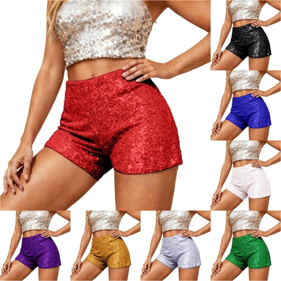 Xiaoxatg Sequin Stretch Waistband Slim Fit Low Rise Casual Shorts Red L