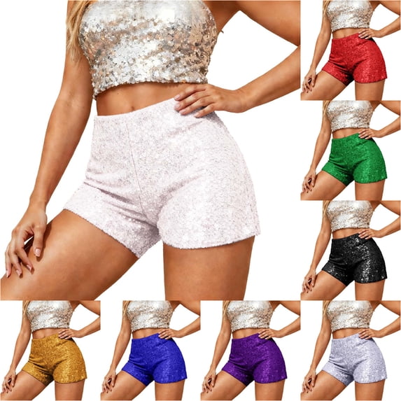 Xiaoxatg Sequin Stretch Waistband Slim Fit Low Rise Casual Shorts White S