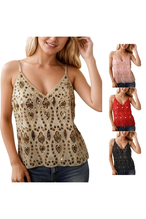 Tank Tops for Women, Women's Tanks & Sequin Beaded Camisole Slim Fit Layering Tank Top Cropped Sleeveless Shirt for Everyday Style and Spring Summer Beige L