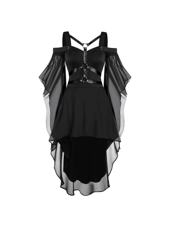 Vintage Dress Plus Size Gothic Style Midi with Corset Long Flare Sleeve A Line Party Black XL