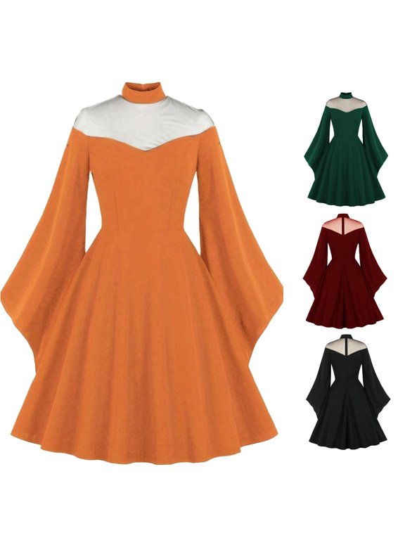 Vintage Dress Rockabilly Long Punk Swing Color Solid Gothic Party Dress Orange M