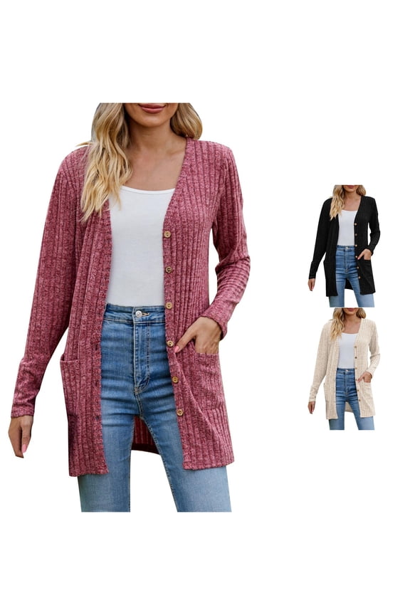 Women's Cardigan - Cozy Textured Solid Long Sleeve Knit Sweater for Women Lightweight Everyday Classic Cardi Red M