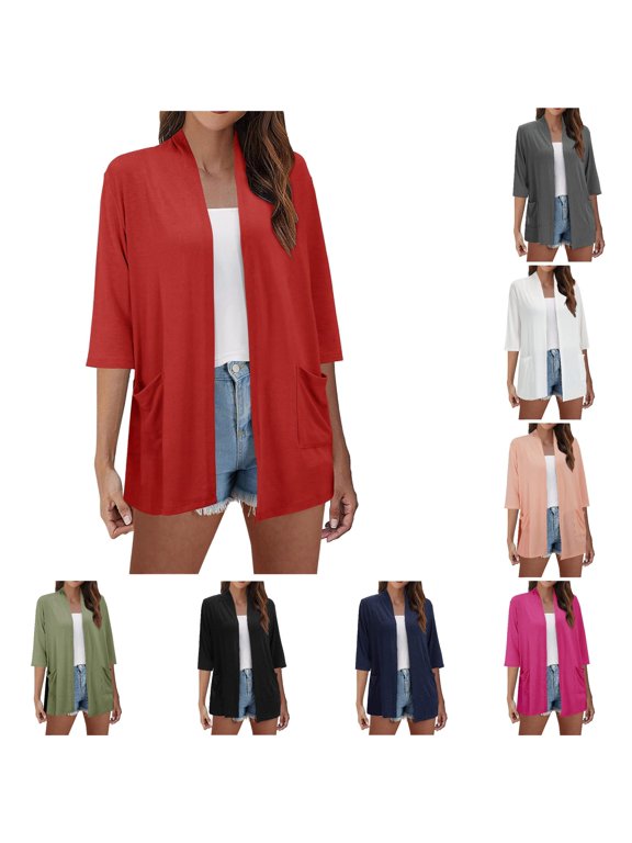 Women's Cardigan Lightweight Open Front Cardigans for Summer and Fall Thin Cover Ups with Three Quarter Sleeves Casual Top Coats Stylish Lightweight Sweater Red M