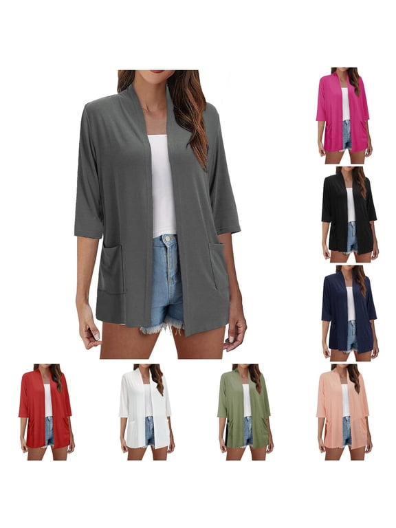 Women's Cardigan Lightweight Open Front Cardigans for Summer and Fall Thin Cover Ups with Three Quarter Sleeves Casual Top Coats Stylish Lightweight Sweater Dark Gray XXL