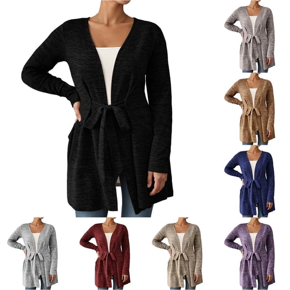 Xiaoxatg Women's Cardigan Lightweight Open Knit Front Tie Casual Wrap Long Sleeve Outerwear Women's Long Sleeve Solid Color Cardigan for Spring and Fall Comfortable Loose Fit Top Black L