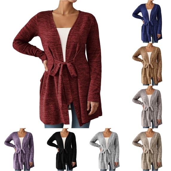 Xiaoxatg Women's Cardigan Lightweight Open Knit Front Tie Casual Wrap Long Sleeve Outerwear Women's Long Sleeve Solid Color Cardigan for Spring and Fall Comfortable Loose Fit Top L