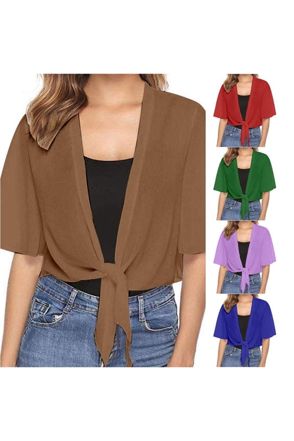 Women's Cardigan Summer Womens Casual Short Sleeve Thin Chiffon Cardigan Elegant Shoulder Jacket Lightweight Cardigan Brown L