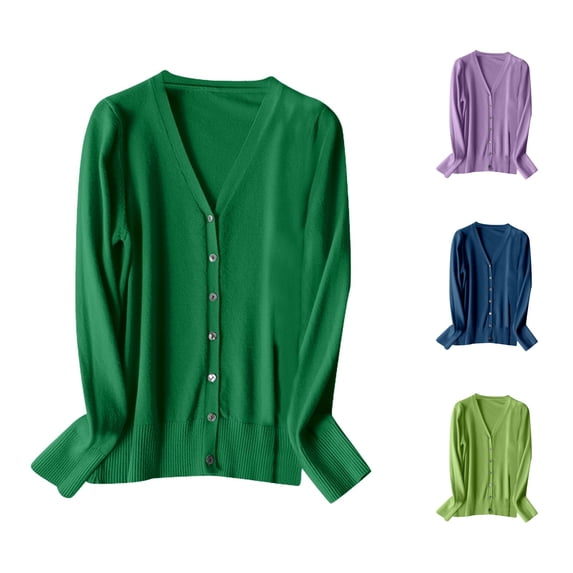 Xiaoxatg Women's Cardigan V Neck Knitted Cardigan Sweater with Long Sleeves for Spring Autumn Lightweight Layering Top Green L