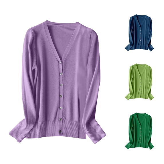 Xiaoxatg Women's Cardigan V Neck Knitted Cardigan Sweater with Long Sleeves for Spring Autumn Lightweight Layering Top Purple M