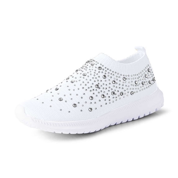 Xiaoxatg Women's Casual Shoes Breathable Mesh On Flat Comfortable Walking Footwear with Rhinestone for Daily Activities 8.5 White