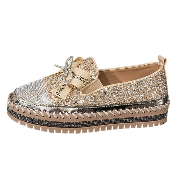 Xiaoxatg Women's Casual Shoes Fashion Solid Color Sequin Bow On Comfortable Footwear for Everyday Style 9 Gold