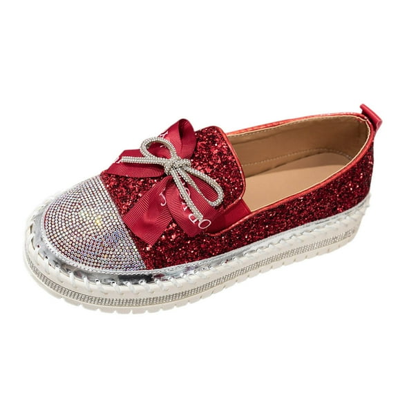Xiaoxatg Women's Casual Shoes Fashion Solid Color Sequin Bow On Comfortable Footwear for Everyday Style 9 Red