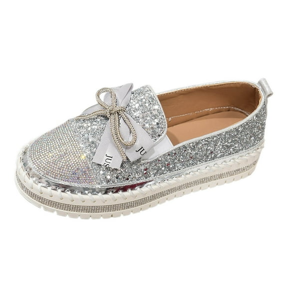 Xiaoxatg Women's Casual Shoes Fashion Solid Color Sequin Bow On Comfortable Footwear for Everyday Style 9 Silver
