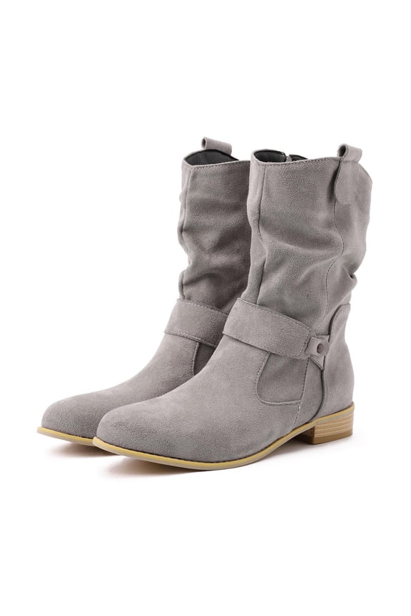 Women's Mid-Calf Boots Elegant Suede On Short Booties with Block Heel and Buckle for Stylish Winter Footwear 8.5 Light Gray
